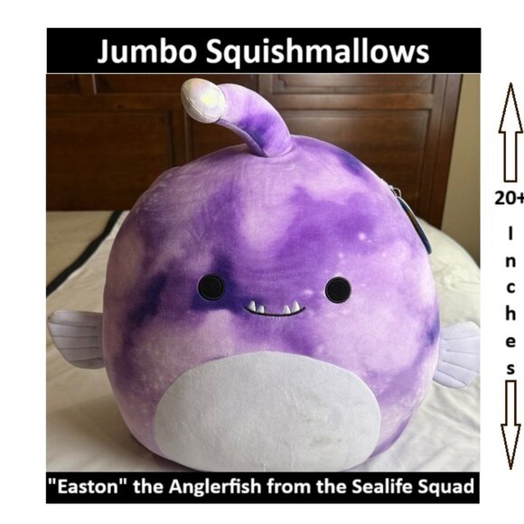 Squishmallows Easton Anglerfish Sealife Purple Plush Toy Pillow Jumbo Size 20"+ - Picture 1 of 6
